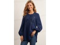 Flower Applique Sequin Crinkle Chest Navy Blue Blouse