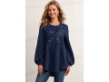 Flower Applique Sequin Crinkle Chest Navy Blue Blouse