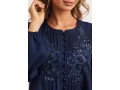 Flower Applique Sequin Crinkle Chest Navy Blue Blouse