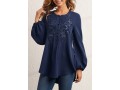 Flower Applique Sequin Crinkle Chest Navy Blue Blouse