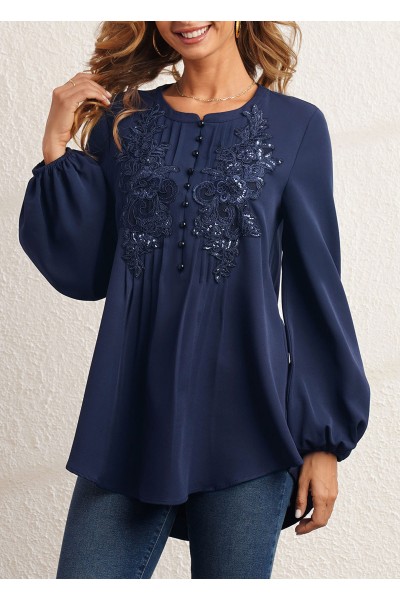 Flower Applique Sequin Crinkle Chest Navy Blue Blouse