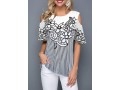 Flower Print Cold Shoulder Striped Blouse