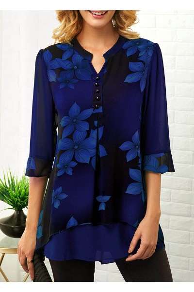 Flower Print Split Neck Button Detail Blouse