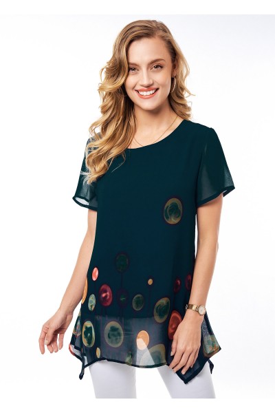 Geometric Print Asymmetric Hem Short Sleeve Blouse