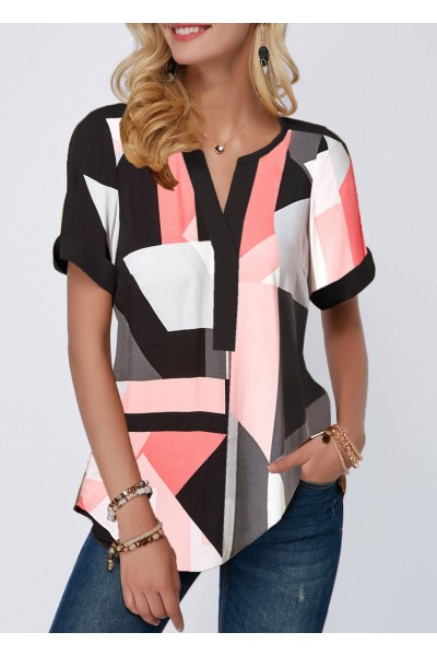 Geometric Print Split Neck Short Sleeve Blouse