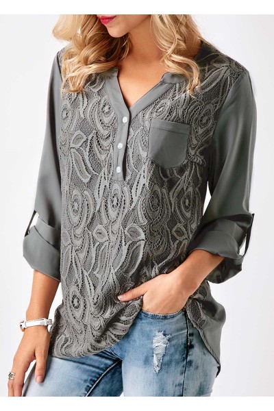 Lace Panel Button Detail Chest Pocket Blouse