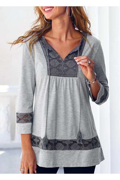 Lace Panel Grey 3/4 Sleeve Tassel Blouse