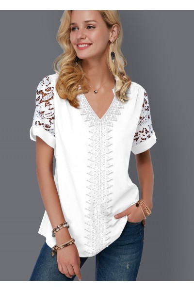 Lace Panel Split Neck Short Sleeve Blouse