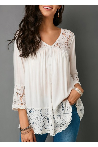 Lace Patchwork Button Up White Blouse