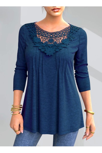 Lace Patchwork Solid Crinkle Chest Blouse