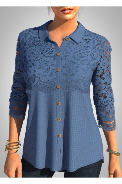 Lace Patchwork Solid Long Sleeve Turndown Collar Blouse