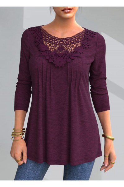 Lace Patchwork Solid Round Neck T Shirt