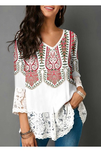 Lace Patchwork Tribal Print White Blouse