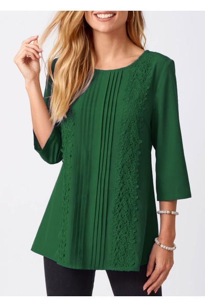 Lace Stitching Crinkle Chest Round Neck Solid Blouse