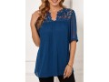 Lace Stitching Navy Blue Split Neck Blouse