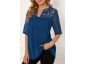 Lace Stitching Navy Blue Split Neck Blouse