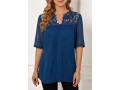 Lace Stitching Navy Blue Split Neck Blouse