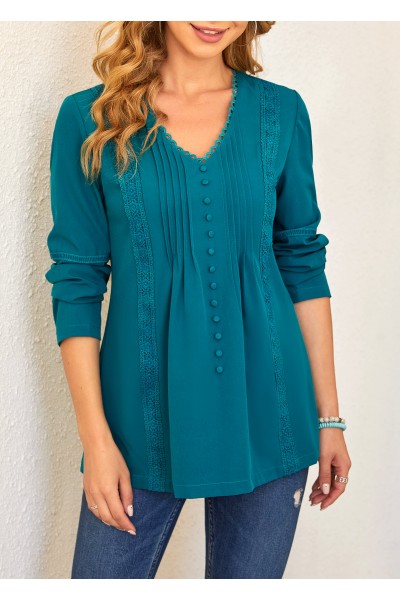 Lace Stitching Peacock Blue Crinkle Chest Blouse