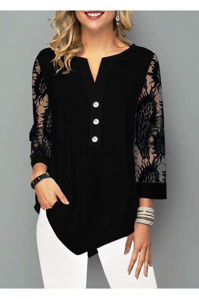 Lace Stitching Split Neck Asymmetric Hem Blouse