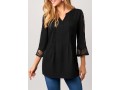 Lace Stitching Split Neck Black 3/4 Sleeve Blouse