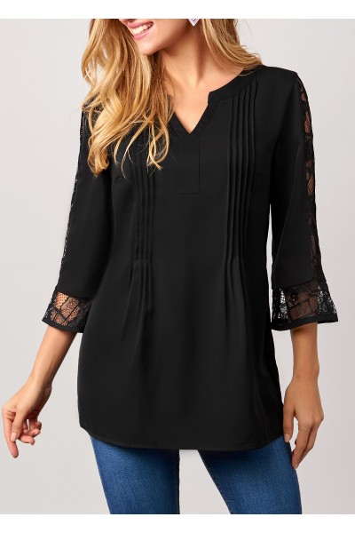 Lace Stitching Split Neck Black 3/4 Sleeve Blouse