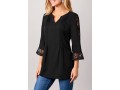 Lace Stitching Split Neck Black 3/4 Sleeve Blouse