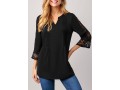 Lace Stitching Split Neck Black 3/4 Sleeve Blouse