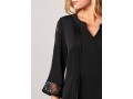 Lace Stitching Split Neck Black 3/4 Sleeve Blouse