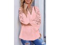 Lace Stitching Split Neck Pink Blouse