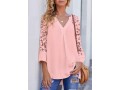 Lace Stitching Split Neck Pink Blouse