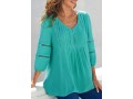 Lace Trim V Neck 3/4 Sleeve Cyan Blouse