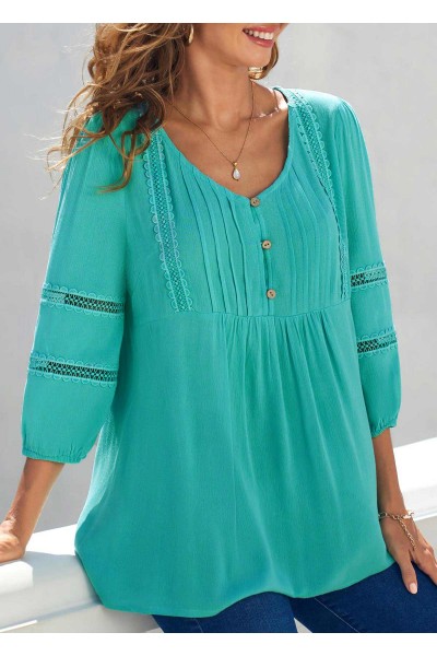 Lace Trim V Neck 3/4 Sleeve Cyan Blouse