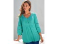 Lace Trim V Neck 3/4 Sleeve Cyan Blouse