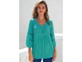 Lace Trim V Neck 3/4 Sleeve Cyan Blouse