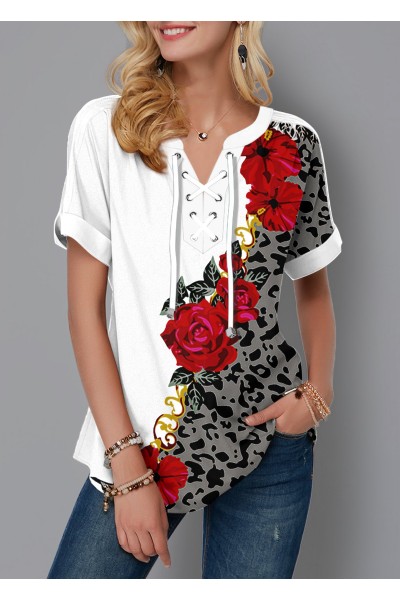 Leopard and Flower Print Lace Up Blouse