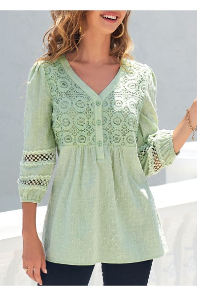 Light Green V Neck Lace Stitching T Shirt