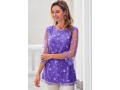 Mesh Stitching Embroidered Purple 3/4 Sleeve Blouse