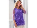 Mesh Stitching Embroidered Purple 3/4 Sleeve Blouse