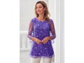 Mesh Stitching Embroidered Purple 3/4 Sleeve Blouse