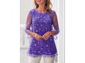 Mesh Stitching Embroidered Purple 3/4 Sleeve Blouse