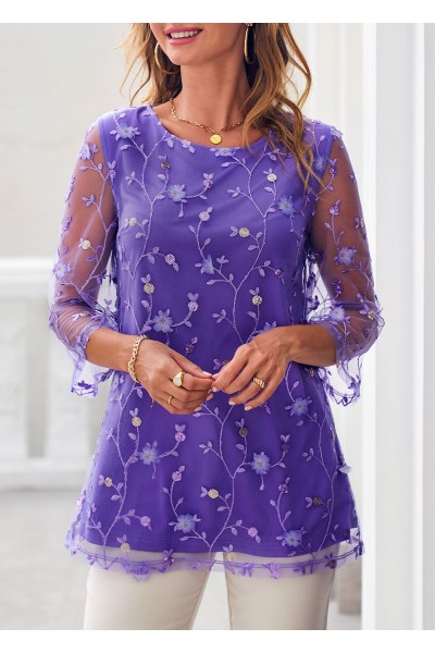 Mesh Stitching Embroidered Purple 3/4 Sleeve Blouse