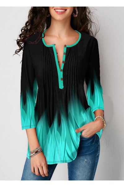 Mint Green Gradient Three Quarter Sleeve Printed Blouse