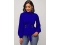 Mock Neck Royal Blue Long Sleeve Belted Blouse