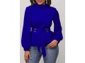 Mock Neck Royal Blue Long Sleeve Belted Blouse