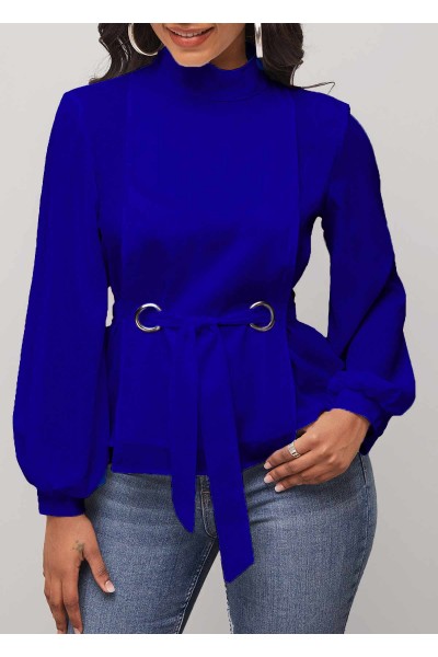 Mock Neck Royal Blue Long Sleeve Belted Blouse