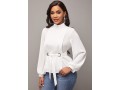 Mock Neck White Long Sleeve Belted Blouse