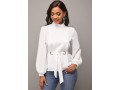 Mock Neck White Long Sleeve Belted Blouse