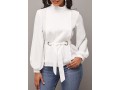 Mock Neck White Long Sleeve Belted Blouse