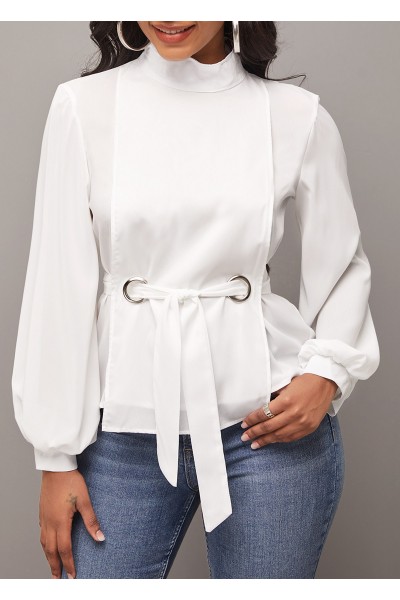 Mock Neck White Long Sleeve Belted Blouse