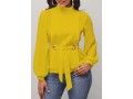 Mock Neck Yellow Long Sleeve Belted Blouse